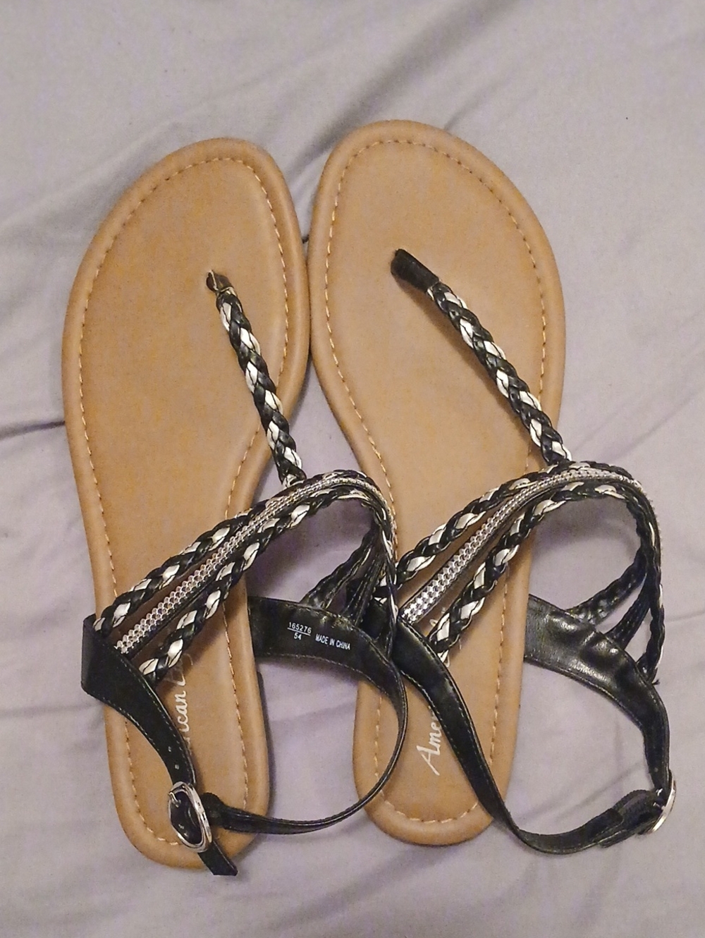 American Eagle By Payless Black Braided T-Strap Sandals with Tan Footbed